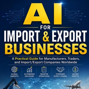 Könnte beinhalten: Ein Buchcover mit dem Titel AI FOR IMPORT & EXPORT BUSINESSES von G. Kamble. Das Design zeigt ein großes Frachtschiff, einen LKW mit Container und ein Flugzeug vor einer Weltkarte. Symbole stehen für globale Märkte und Gewinne.
