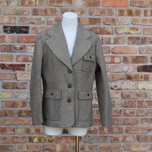 Blazer de tweed con estampado de pata de gallo estilo safari de los años 70, chaqueta de lana con solapa ancha de muesca, abrigo unisex de estilo preppy ecuestre, talla grande, totalmente forrado.