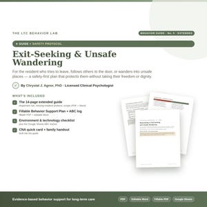 May include: A digital document titled Exit-Seeking & Unsafe Wandering by The LTC Behavior Lab, featuring a 14-page guide, fillable behavior support plan, ABC log, environment and technology checklist, CNA quick card, and family handout in PDF and Word.