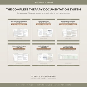Pode incluir: O sistema completo de documentação terapêutica inclui seis recursos totalizando 78 páginas. Contém um banco de palavras para documentação clínica, guias de necessidade médica, modelos de notas de progresso, planos de tratamento e um rastreador.