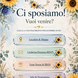 May include: A digital wedding invitation card featuring yellow sunflowers and blue roses with the text Ci sposiamo! Vuoi venire? and four interactive buttons labeled Location & Mappa, Conferma Presenza (RSVP), Lista Nozze & IBAN, and Info & Programma.