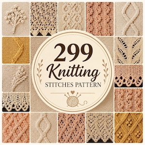 299 stickmönstersamling | Mönster för stickning och avigstickning | Ordbok för stickstygn | Digital PDF