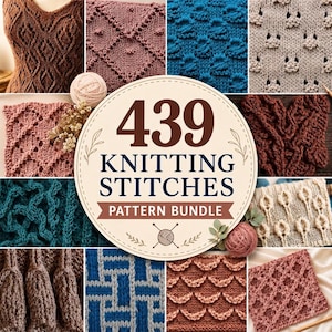 Könnte beinhalten: Eine Sammlung verschiedener gestrickter Stoffmuster in Farben wie Braun, Blau, Rosa und Beige mit unterschiedlichen Texturen und Mustern. Ein zentrales kreisförmiges Etikett zeigt den Text 439 KNITTING STITCHES PATTERN BUNDLE.