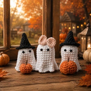 Handmade Crochet Ghosts, Halloween Amigurumi Set, Spooky Autumn Home Decor, Instant Digital Download
