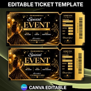 Puede incluir: Una plantilla de boleto editable con diseño en negro y dorado que muestra a una persona con vestido sosteniendo una copa. El texto incluye "Special Event", "Celebrate Enjoy Memories", "Unforgettable", "Admit One" y campos para nombre, fecha, hora y lugar.