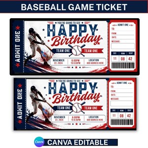 May include: A baseball-themed birthday ticket template featuring a batter, a baseball, and red, white, and blue graphics. The text reads "YOU'RE GOING TO SEE HAPPY BIRTHDAY," "ADMIT ONE," "TEAM ONE," and includes fields for date, time, location, and recipient details.