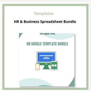 May include: A digital product listing titled Templates HR & Business Spreadsheet Bundle. The graphic features the text HR GOOGLE TEMPLATE BUNDLE above an illustration of a desktop computer, a tablet, and a smartphone on a white background.