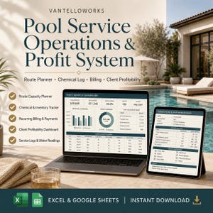 May include: A digital Pool Service Operations & Profit System dashboard displayed on a laptop and tablet. The screens show data for revenue, profit, route planning, chemical logs, billing, and client profitability. Includes Excel and Google Sheets icons.