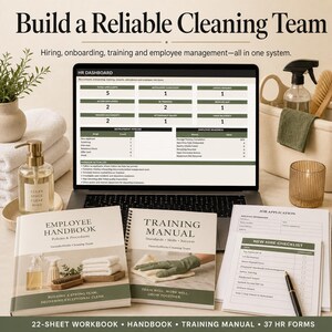 May include: A laptop displaying an HR dashboard with recruitment and employee readiness data, accompanied by an employee handbook, a training manual, and a new hire checklist. The text reads Build a Reliable Cleaning Team, Hiring, onboarding, training and employee management—all in one system, Employee Handbook, Training Manual, and New Hire Checklist.