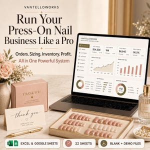 May include: A laptop displaying a Vantelloworks business dashboard for press-on nails, next to a pink box, a thank you card, a gold pen, a tray of nude press-on nails, and a perfume bottle. Text reads: Run Your Press-On Nail Business Like a Pro.