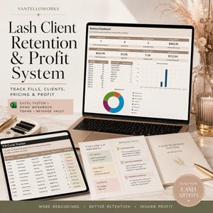 Lash Tech Business System, Client Retention Excel Spreadsheet, Fill Tracker, Pricing Calculator, Forms