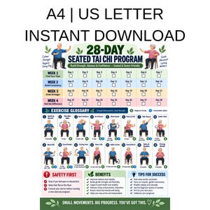Può includere: Un programma di Tai Chi da seduti di 28 giorni in formato A4 e US Letter. Il documento include un tracker dei progressi giornalieri, un glossario degli esercizi con 16 movimenti illustrati, linee guida di sicurezza, benefici e consigli.