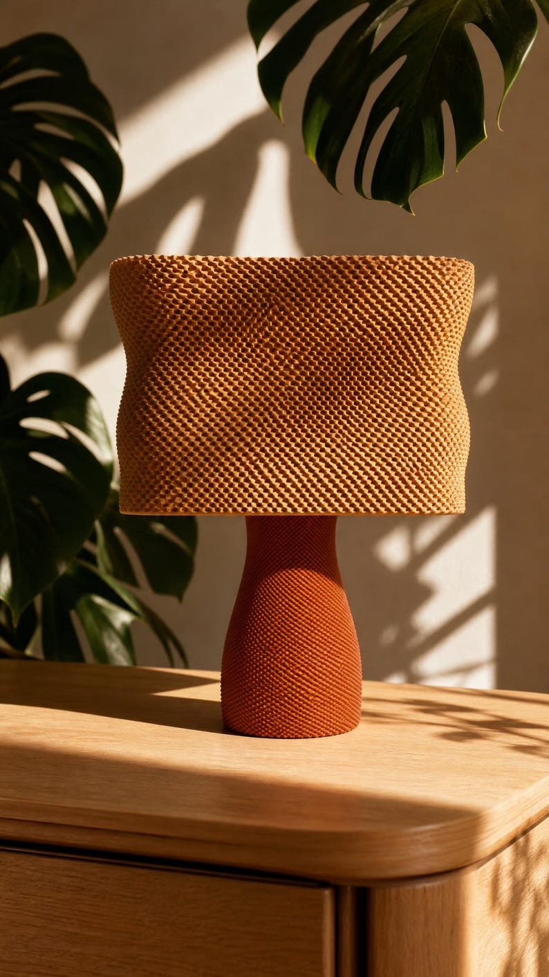 May include: A table lamp with a textured, light brown, rectangular shade and a matching orange, tapered, cylindrical base. The entire surface of both the shade and the base features a fine, uniform, cross-hatched, or grid-like pattern.
