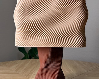 May include: A table lamp featuring a rectangular, light beige lampshade with a fine, grid-like textured surface. The base is a dark reddish-brown, twisted, square-shaped column with a matching fine, grid-like textured pattern throughout.