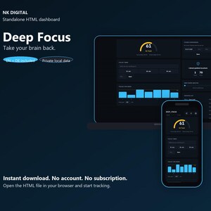 Könnte beinhalten: Ein dunkel gestaltetes digitales Dashboard mit dem Titel Deep Focus, das auf einem Laptop-Bildschirm und einem Smartphone angezeigt wird. Die Benutzeroberfläche bietet blaue Akzente, einen Fokus-Timer und Daten-Diagramme. Der Text umfasst NK DIGITAL, Take your brain back, EN + DE included, Private local data sowie Instant download. No account. No subscription.