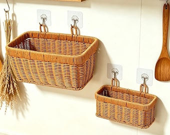 Cestino portaoggetti da parete in rattan, organizer da appendere in stile boho