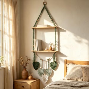 May include: A two-tiered wall-hanging shelf featuring olive green macrame cord, light-toned wooden planks, and decorative leaf-shaped macrame accents at the bottom. The structure is suspended by a wooden ring and includes small wooden beads.
