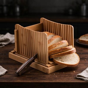 May include: A light brown bamboo bread slicer with vertical slots for consistent cutting. The device holds a loaf of sliced white bread and includes a dark brown handled bread knife inserted into one of the side slots for easy storage.