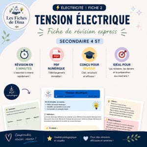Peut inclure: Une fiche de révision éducative intitulée Tension Électrique Fiche 2 pour les élèves du secondaire. Le document présente une définition de la tension électrique, un exemple de calcul, une astuce sur les tuyaux d'eau et des erreurs fréquentes.
