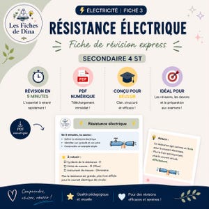 Peut inclure: Une fiche de révision intitulée Résistance Électrique avec des icônes pour une révision en 5 minutes, un format PDF numérique et la réussite scolaire. Le document résume la résistance électrique, ses symboles, unités et astuces.