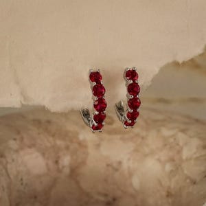 May include: A pair of silver hoop earrings, each featuring a row of five round, vibrant red stones set in a metallic frame. The earrings are curved in a semi-circular shape, showcasing a polished silver finish that contrasts with the deep red color.