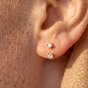 Peut inclure: Deux petites boucles d'oreilles à clou en or, chacune dotée d'une pierre précieuse ronde, transparente et facettée, maintenue par un sertissage à quatre griffes. Les boucles sont placées verticalement sur le lobe de l'oreille.