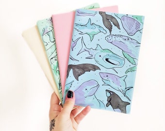 Pastel Whale and Shark Notebook - colourful - sea - ocean - sketchbook - handmade - ooak - line drawing - orca - kitsch - cute stationery