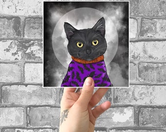 Halloween Jumper Print - art - illustration - cat - bat - rat - raven - spooky -creepy - cute - black cat
