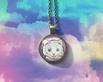 White Fluffy Cat Necklace - Kitty - Caricature - Pendant - Cameo - Jewellery - Illustration - Illustrated Jewellery - Cat Necklace - Antique