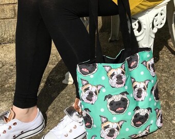 Bulldog and Frenchie Polka dot mint shopper tote - shopping bag - accessories - illustration - pet portrait - dogs