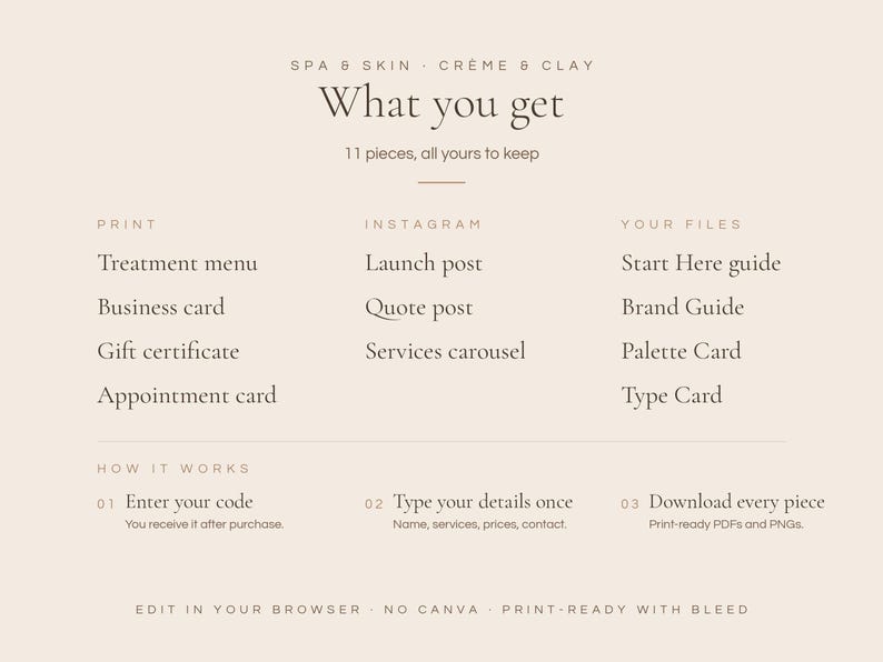 Puede incluir: Un conjunto de plantillas digitales titulado SPA & SKIN CR&Egrave;ME & CLAY, que enumera 11 piezas que incluyen un men&uacute; de tratamientos, tarjeta de visita, certificado de regalo, tarjeta de citas, publicaciones de Instagram, gu&iacute;a de inicio, gu&iacute;a de marca y tarjetas.