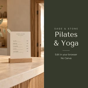Puede incluir: Un letrero rectangular vertical sobre una base de madera clara que muestra el texto Linden Studio, Pilates & Yoga, Sage & Stone y Edit in your browser No Canva. El letrero presenta una lista de precios sobre una encimera clara.