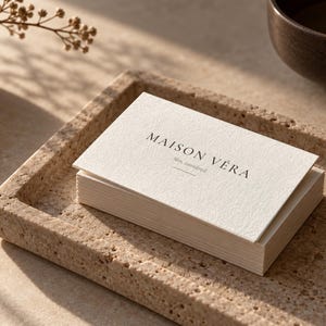 Puede incluir: Una pila de tarjetas de visita rectangulares blancas con una superficie texturizada. La tarjeta superior presenta el texto negro MAISON V&Eacute;RA con las palabras skin considered debajo y una l&iacute;nea horizontal. Las tarjetas est&aacute;n apiladas en una bandeja.
