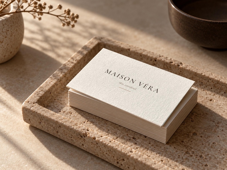 Puede incluir: Una pila de tarjetas de visita rectangulares blancas con una superficie texturizada. La tarjeta superior presenta el texto negro MAISON V&Eacute;RA con las palabras skin considered debajo y una l&iacute;nea horizontal. Las tarjetas est&aacute;n apiladas en una bandeja.