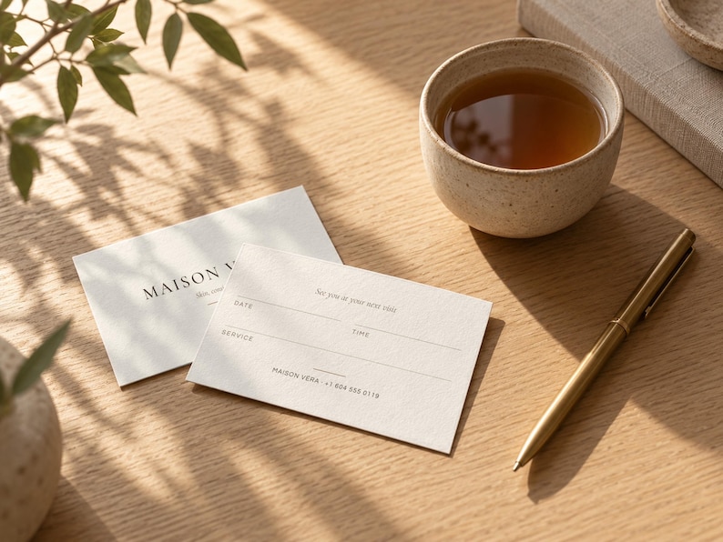 Puede incluir: Dos tarjetas de cita de color blanco roto con texto en negro. Una tarjeta muestra MAISON VERA, mientras que la otra presenta campos para DATE, TIME y SERVICE, con el texto See you at your next visit y MAISON VERA +1 604 555 0119.