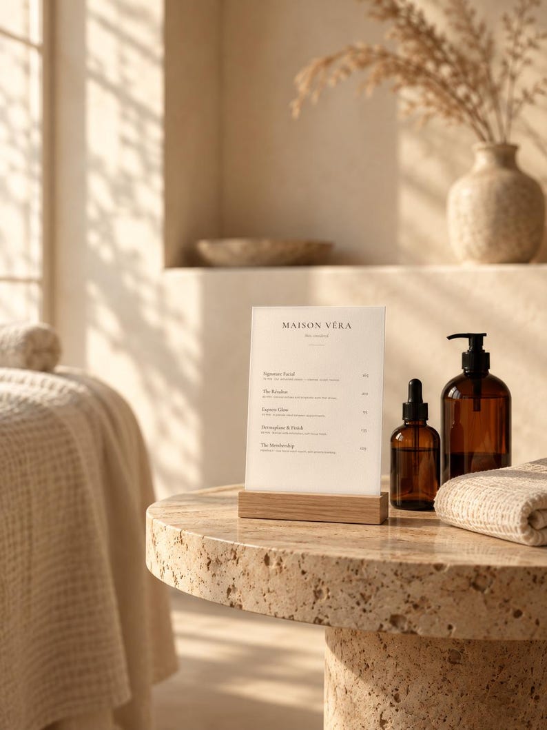 Puede incluir: Un letrero de men&uacute; rectangular de acr&iacute;lico con el texto MAISON VERA, sostenido por una base de madera clara. Junto a &eacute;l hay dos botellas de vidrio &aacute;mbar con bombas y goteros negros, sobre una mesa redonda de piedra beige texturizada.