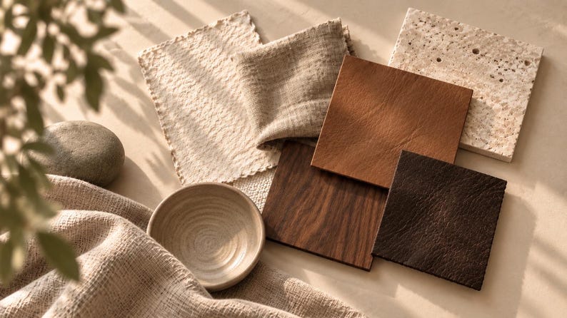 Puede incluir: Una colecci&oacute;n de muestras de materiales que incluye una tela beige texturizada, un peque&ntilde;o cuenco de cer&aacute;mica, una piedra lisa, un cuadrado de cuero marr&oacute;n claro, un cuadrado de madera veteada, un cuadrado de cuero oscuro texturizado y una baldosa de piedra beige porosa.