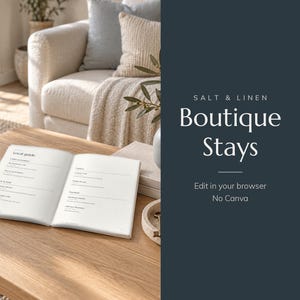 Puede incluir: Una guía abierta titulada Local guide con secciones para café, comida y bebidas descansa sobre una mesa de madera. El texto Salt & Linen Boutique Stays Edit in your browser No Canva aparece en un panel azul oscuro a la derecha.