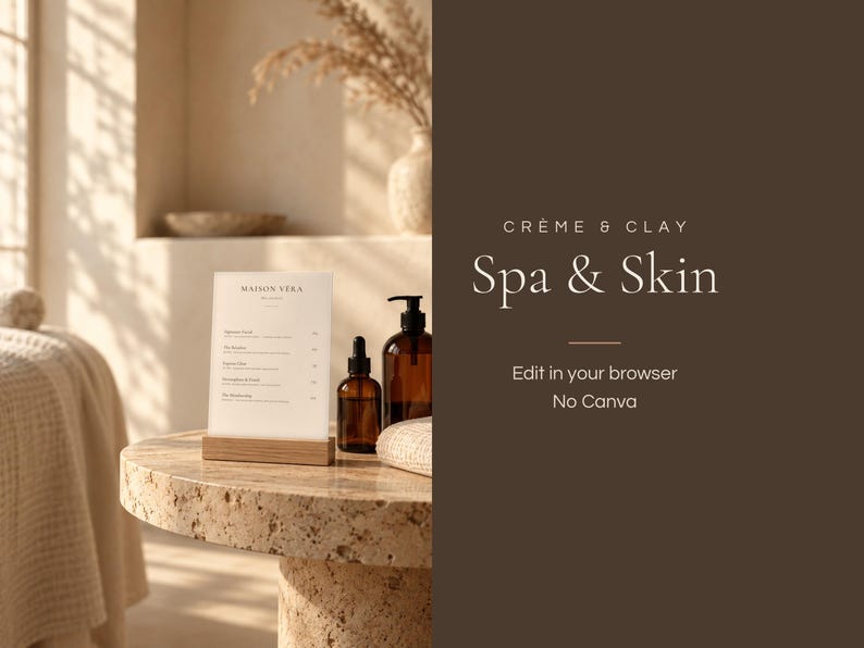 Puede incluir: Un letrero de men&uacute; vertical sobre una base de madera, dos botellas de vidrio &aacute;mbar y texto sobre un fondo marr&oacute;n oscuro que dice Cr&egrave;me & Clay Spa & Skin, Edit in your browser, No Canva. El men&uacute; muestra Maison Veka y servicios.