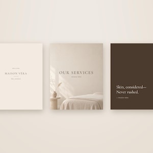 Puede incluir: Tres tarjetas digitales cuadradas de la marca Maison Vera. La primera es crema con texto negro: Welcome, Maison Vera, Skin, considered. La segunda muestra una habitaci&oacute;n con una cama y el texto Our Services, Maison Vera. La tercera es marr&oacute;n oscuro con texto blanco: Skin, considered&mdash;Never rushed. &mdash;Maison Vera.