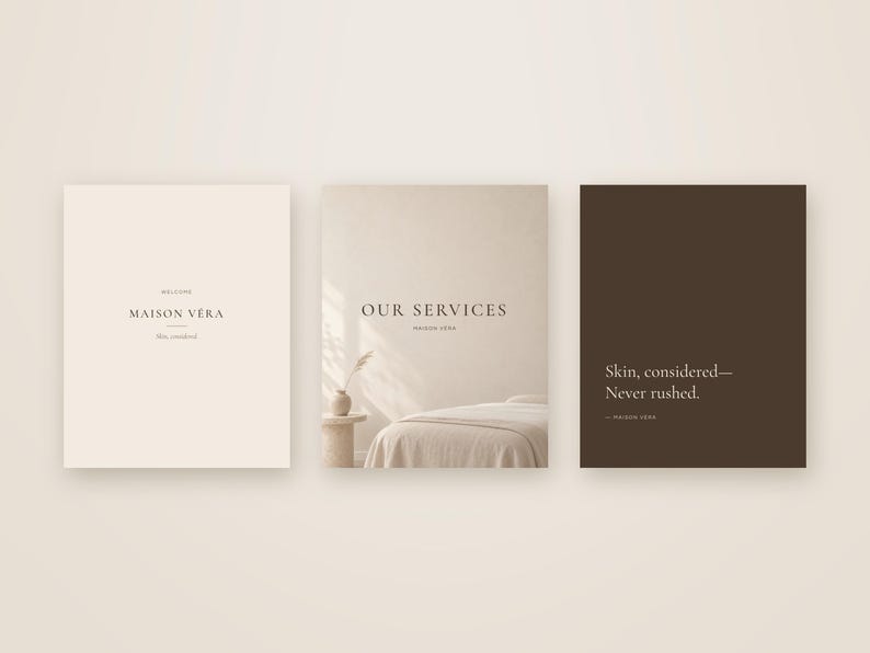 Puede incluir: Tres tarjetas digitales cuadradas de la marca Maison Vera. La primera es crema con texto negro: Welcome, Maison Vera, Skin, considered. La segunda muestra una habitaci&oacute;n con una cama y el texto Our Services, Maison Vera. La tercera es marr&oacute;n oscuro con texto blanco: Skin, considered&mdash;Never rushed. &mdash;Maison Vera.