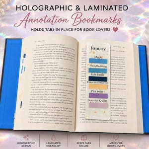 May include: A rectangular holographic laminated bookmark featuring the text Fantasy, Magic, World building, Epic battle, Favorite character, Plot twist, and Favorite Quote, with corresponding colored adhesive tabs placed on an open book.