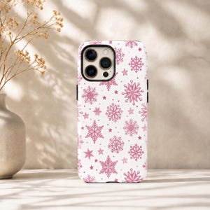 Pink Snowflake Case Winter Phone Frosty Pattern Snowflake Design Blush Art Christmas Iphone Cover Festive Holiday Gift Women White