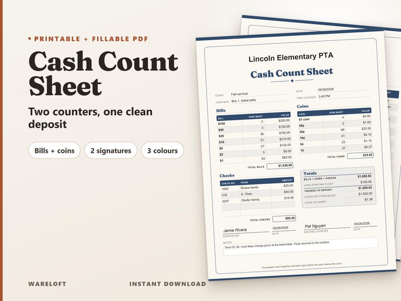 PTA Cash Count Sheet | Fillable PDF Treasurer Form (2 Pages) - Etsy