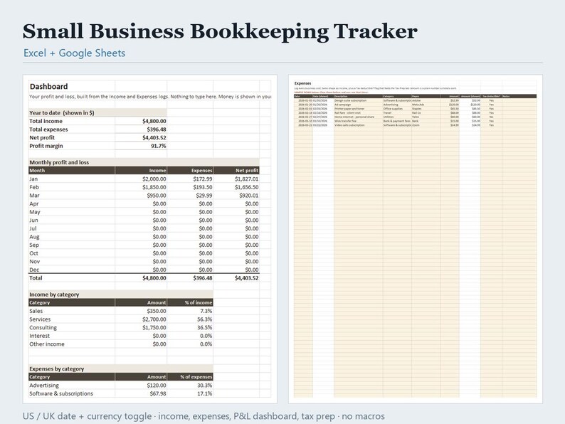 Bookkeeping Template for Trades and Contractors, Profit and Loss Tracker, Small Business Income Expense Spreadsheet US UK image 1