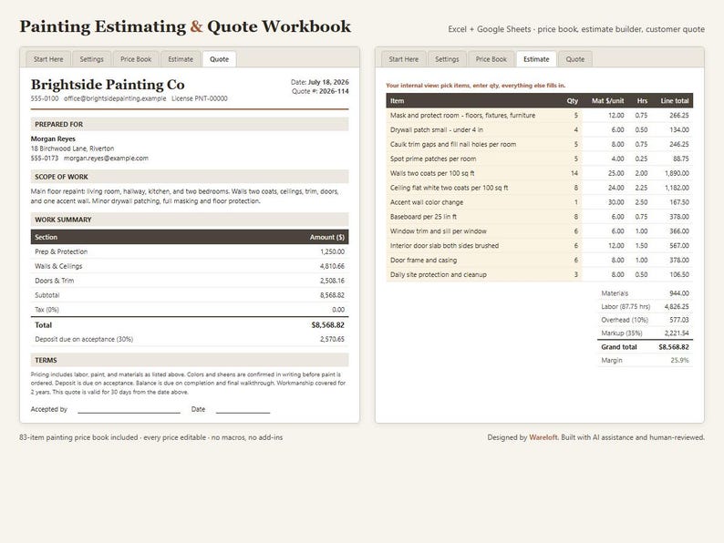 Mall för målningsuppskattning i Excel och Google Sheets | Offertkalkylator + Prislista för målare | Verktyg för kalkylering av målning inomhus och utomhus bild 1