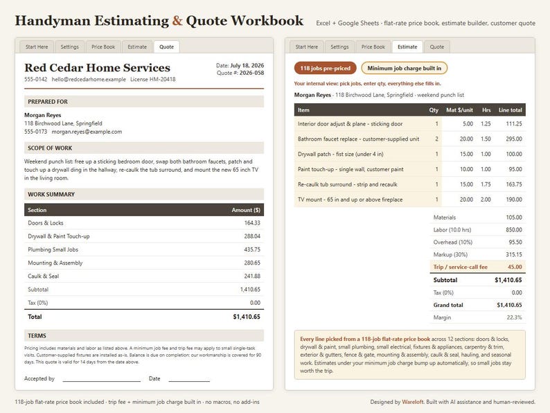 Handyman Price List Excel | 118 Jobs Flat Rate Price Book & Estimate Calculator, Handyman Quote Template Google Sheets, Instant Download image 1