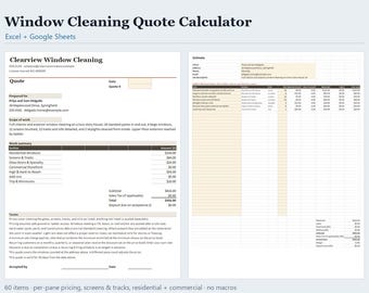 Vorlage für einen Kostenvoranschlag zur Fensterreinigung (Excel und Google Sheets), Preisrechner pro Scheibe mit Preisliste, Sofort-Download