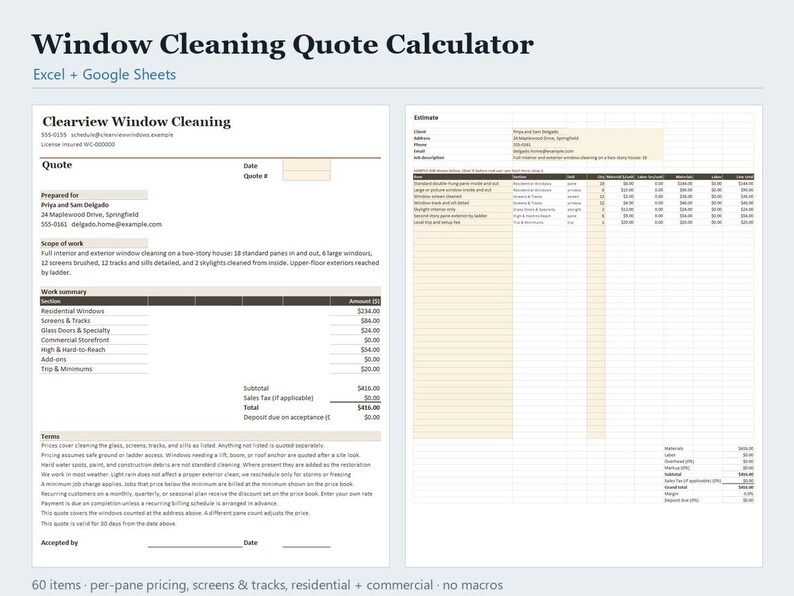 Window Cleaning Estimate Template Excel and Google Sheets, Per Pane Quote Calculator with Price Book, Instant Download image 1