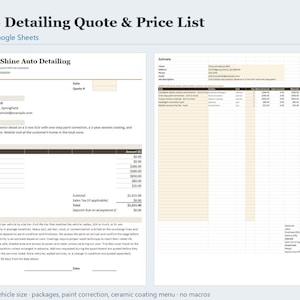 Auto Detailing Price List and Quote Calculator Excel & Google Sheets, Car Detail Estimate Template Priced by Vehicle Size, Instant Download image 1
